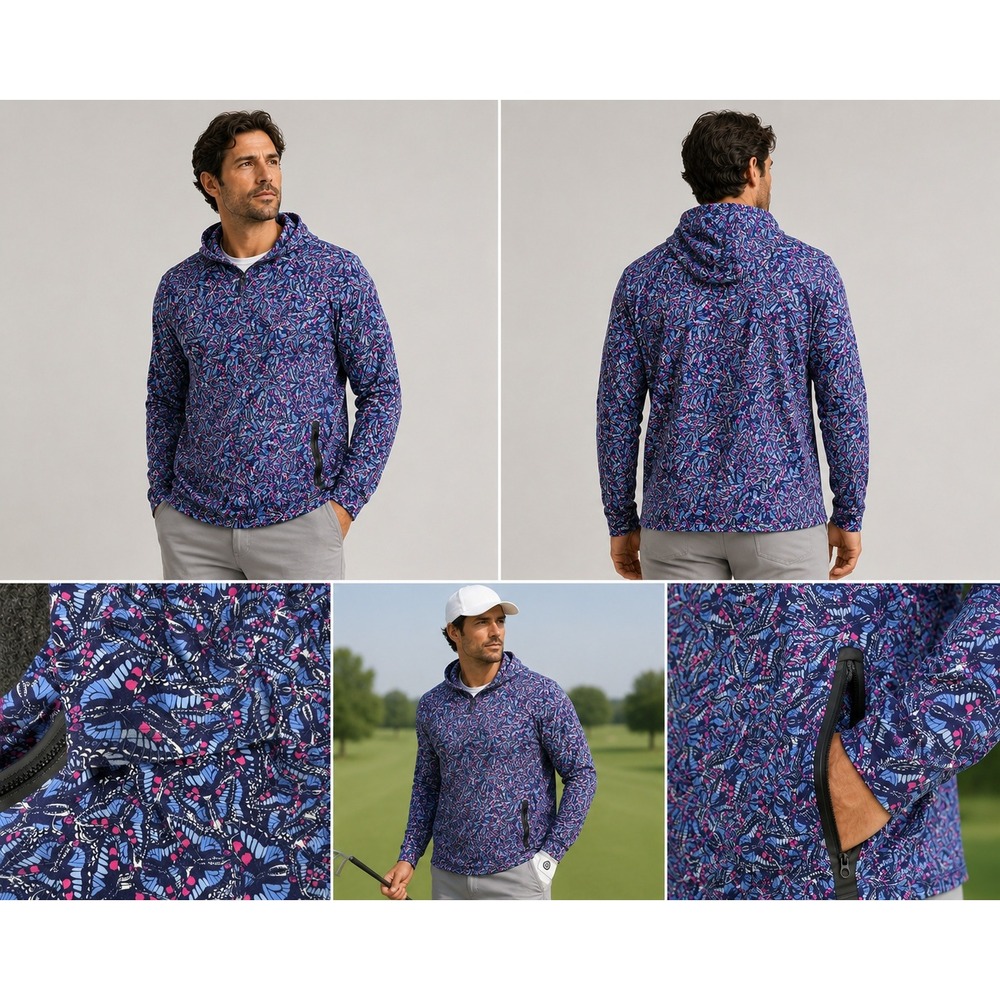 Greyson Hoodie Mens XXL Blue Butterfly Print Performance Side Zip Pullover